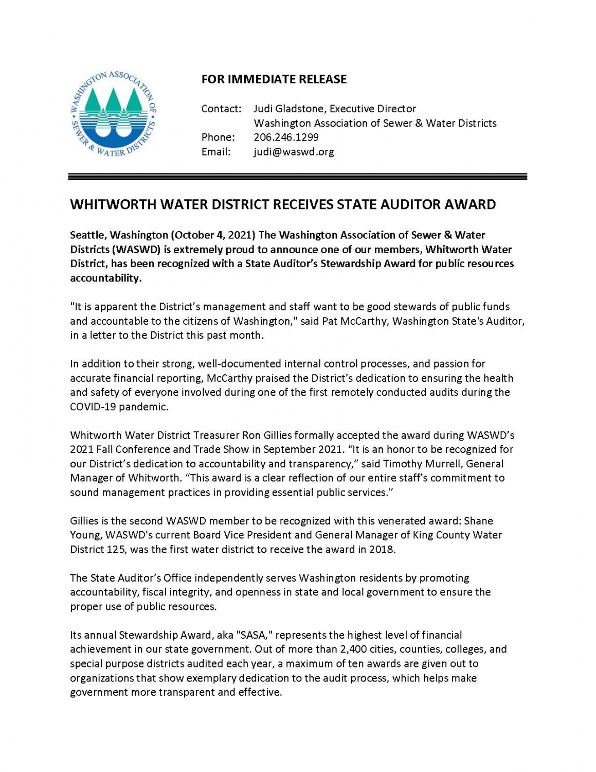 Whitworth Water District Receives State Auditor Award Whitworth Water