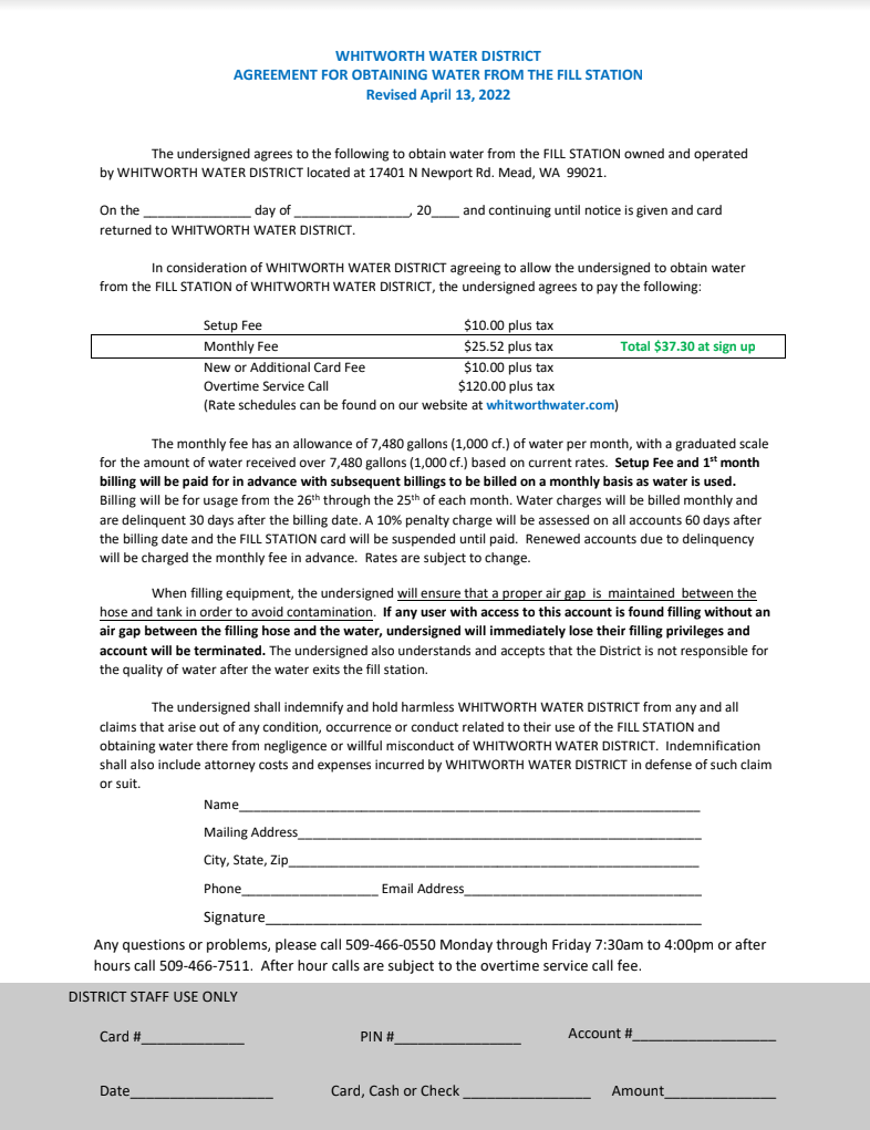 BULK WATER FILL STATION APPLICATION Whitworth Water District 2