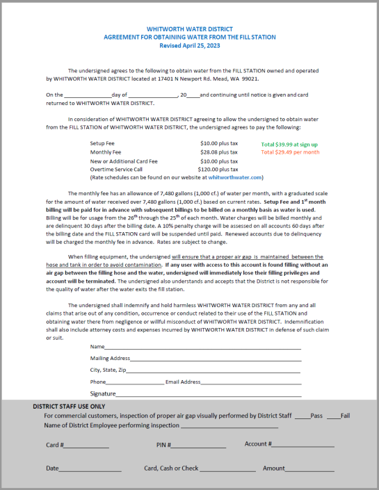 BULK WATER FILL STATION APPLICATION Whitworth Water District 2